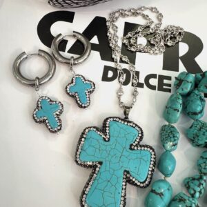 Turquoise gemstone cross hoops earrings - Image 2